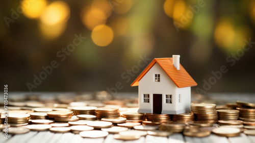 Model house with a red roof alongside stacked gold coins against a blurred background with bokeh lights.