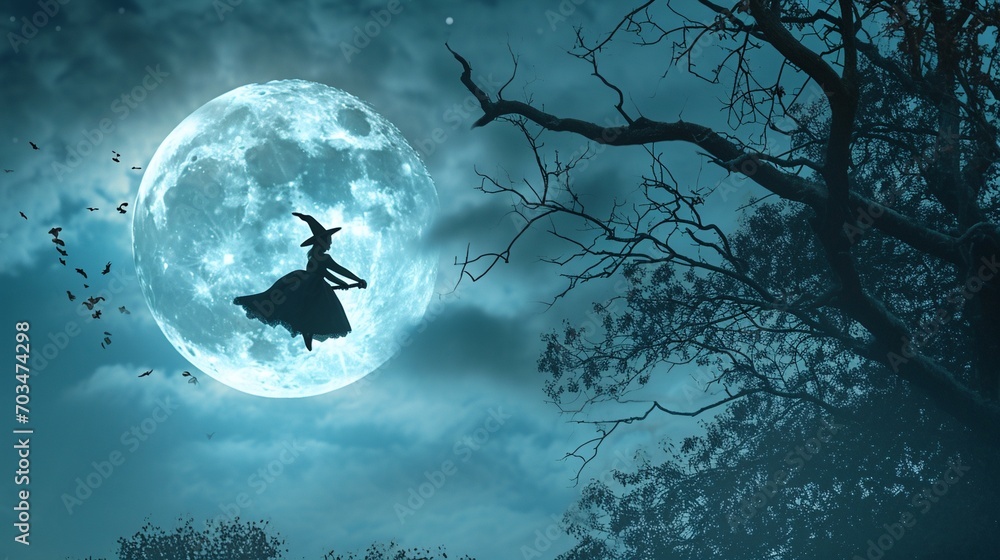 full moon over the forest, halloween night background with bats