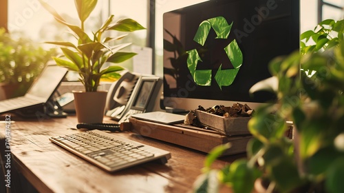 An electronic waste concept featuring a desktop computer adorned with a bright green recycle symbol, symbolizing the importance of recycling and proper disposal of electronic devices. photo