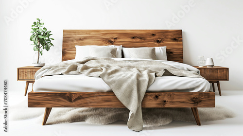 Rural wooden double bed. Scandinavian style double bed with white blanket and pillows.
