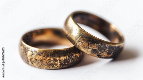Old rusty vintage pair of bronze golden rings isolated on white background.