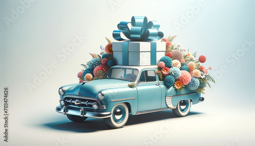 gift box with flowers and blue retro car © Alla
