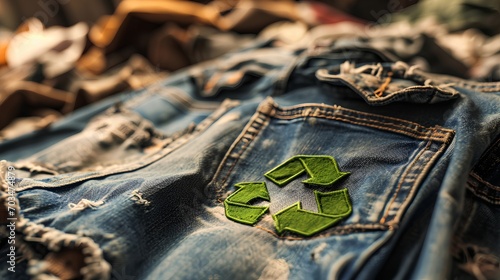 An assortment of eco-friendly garments featuring a recycle symbol, promoting the concept of recycling textiles and embracing sustainable fashion practices. photo