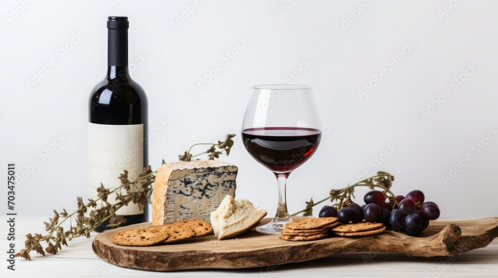 Naklejka premium Wineglass with red wine, wine bottle, cheese with mold, bread, biscuits and herbs on wooden cutting board.