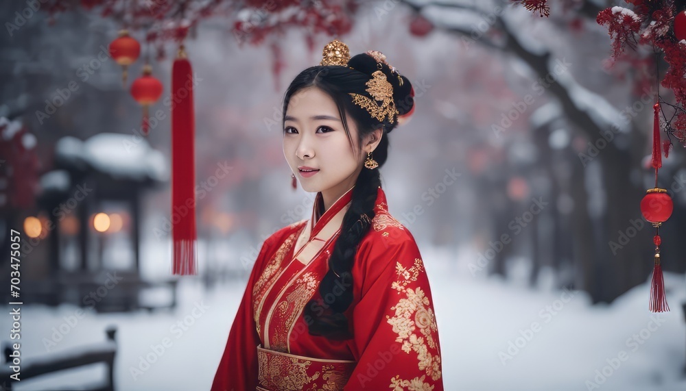 Chinese girl with red Chinese new year traditional clothing, snow background Chinese girl with red Chinese new year traditional clothing, snow background