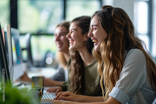 AI-generated illustration of young female students happily working on their computers © Wirestock