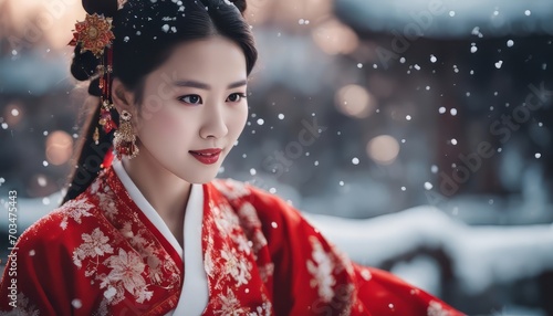 Chinese girl with red Chinese new year traditional clothing, snow background