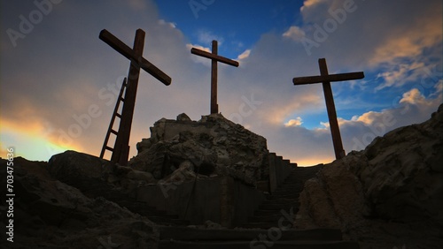 A sunny, beautiful sunrise/sunset at Golgotha on Easter morning featuring three crosses.