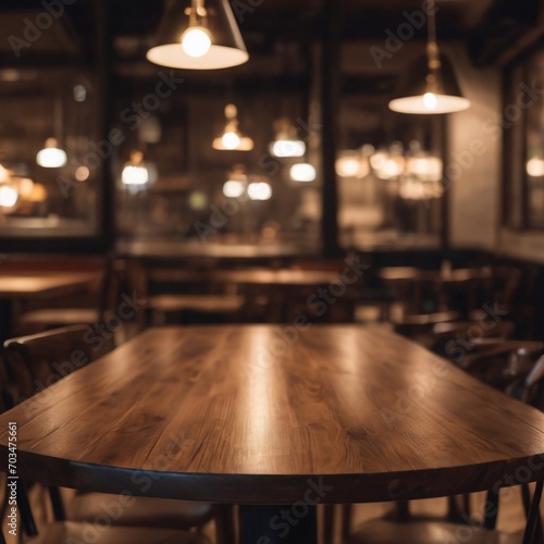 The dark wood table in the cafe with a blurred background