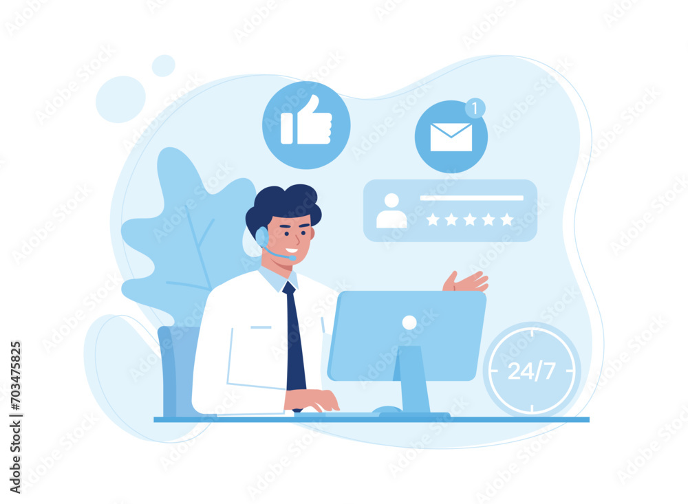 customer service, hotline operator consults with customer with headset on computer concept flat illustration customer service, hotline operator consults with customer with headset on computer concept flat illustration