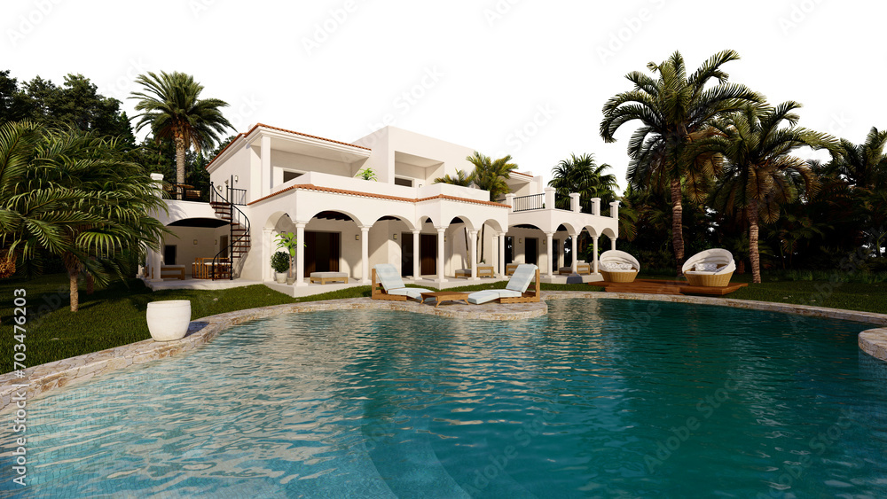 The villa has a swimming pool in front of the house, PNG transparent background, 3D rendering