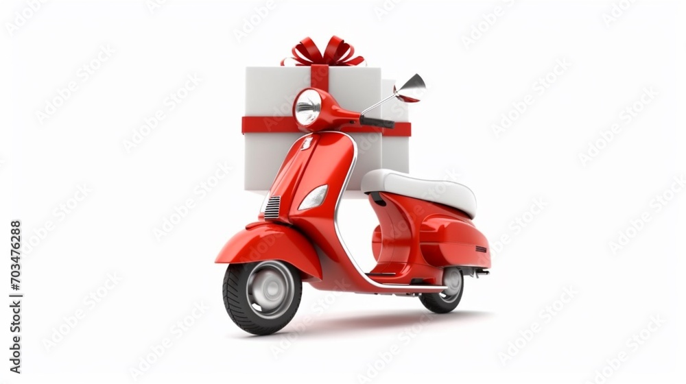 3D motor scooter inside gift box against white background.Generative AI 3D motor scooter inside gift box against white background.Generative AI