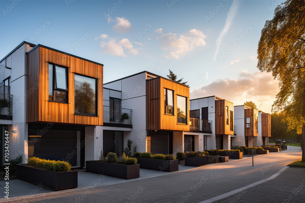 Capturing the essence of innovative architecture, these private townhouses boast sleek wooden exteriors in a contemporary, suburban setting.