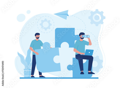 startup business analysis with puzzles concept flat illustration