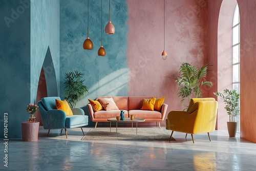 Room mockup of living room in pastels with colorful furniture, in the style of dark sky-blue and light orange, eerily realistic, 1940s–1950s, light pink and light orange. photo