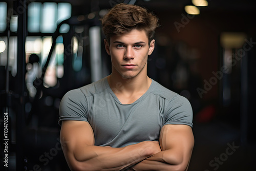 A detailed gym scene with a serious young male model  embodying strength  determination  and the essence of an active lifestyle in athletic photography.