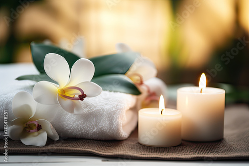 Experience the tranquility of a resort spa  featuring tropical flowers  gentle candlelight  and a cozy  relaxing meditation salon ambiance.