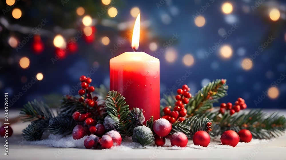 Christmas decoration with burning candle and fir branches on bokeh background