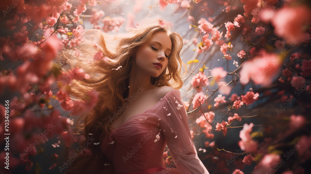 Spring feeling fresh good smells of cherry blossoms with a beautiful young woman for parfume, fabric softener or drogerie background 