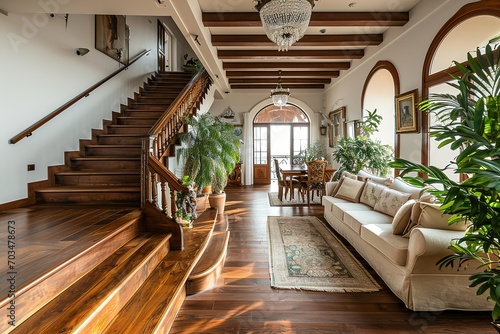 Spacious living room with wooden stairs © Azar