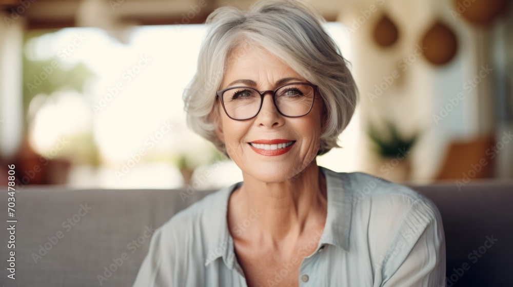 Close-up portrait of Smiling middle aged mature grey haired woman looking at camera, sitting on sofa in living room. A successful smiling happy businesswoman wearing glasses in retirement. Close-up portrait of Smiling middle aged mature grey haired woman looking at camera, sitting on sofa in living room. A successful smiling happy businesswoman wearing glasses in retirement.