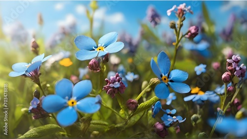 Blue forget-me-not flowers in the grass. Spring background. photo