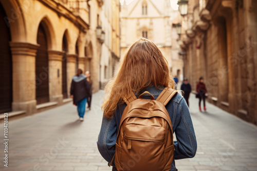 Back view of young woman on backpack trip in city