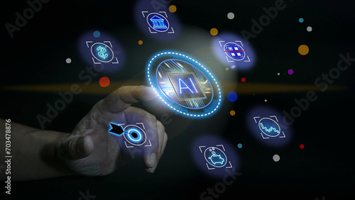 AI business learning. Artificial Intelligence AI Chat and New Information Technology. Ai technology, Generative AI in hand. Man using technology smart robot. Futuristic Infographic Transformation.