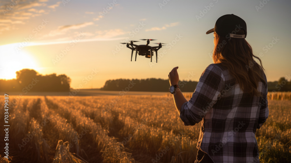 Woman in a field at sunset, operating a drone, which symbolizes modern agricultural technology and innovation. Woman in a field at sunset, operating a drone, which symbolizes modern agricultural technology and innovation.