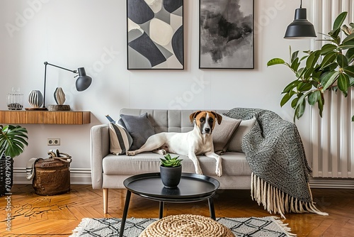 Stylish and scandinavian living room interior of modern apartment with gray sofa, design wooden commode, black table, lamp, abstrac paintings on the wall. Beautiful dog lying on the couch. Home decor. photo