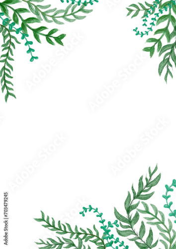 Hand drawn light green leaves frame with copy space for text or image