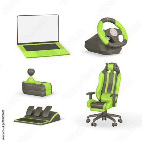 Realistic 3d computer monitor, game steering wheel, pedals, shifter, chair. Game stick, controller, video game console. Game concept. Vector illustration