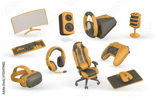 3d realistic gamer accessories and equipment set. Monitor, speaker, steering wheel, keyboard, mouse, microphone, headphones, chair, VR glasses, game pad. Vector illustration