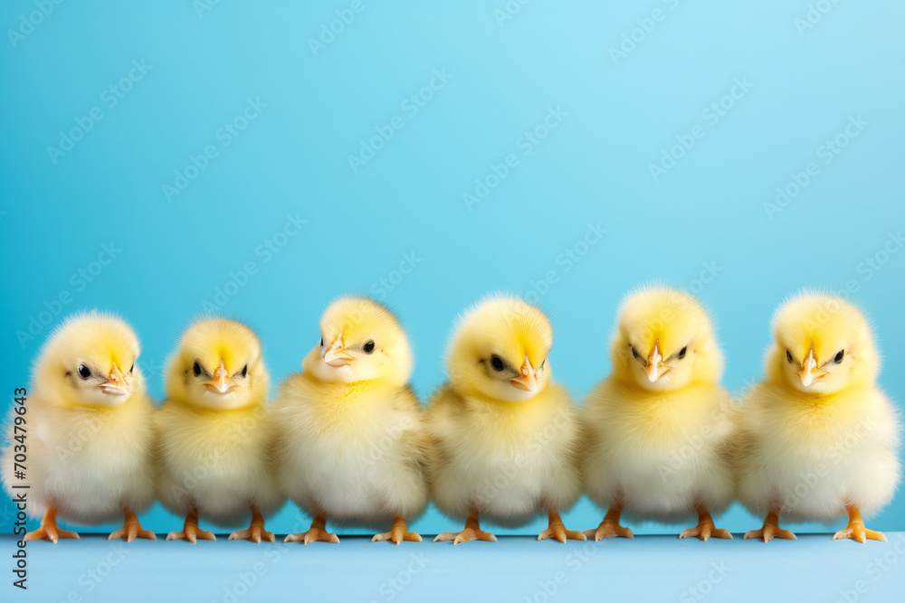 Small Easter chicks in a row on blue studio background with copy space