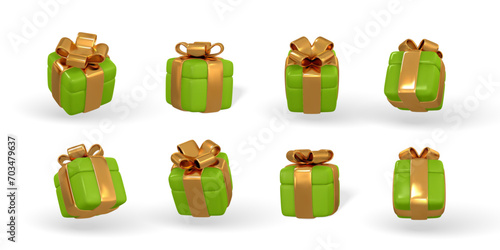 3d gift box with golden bow. Plastic box with shadow isolated on light background. Vector illustration