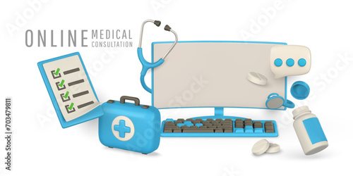 Online medical consultation banner in cartoon style. Online medicine and healthcare design concept. Modern accessories of doctor. Vector illustration