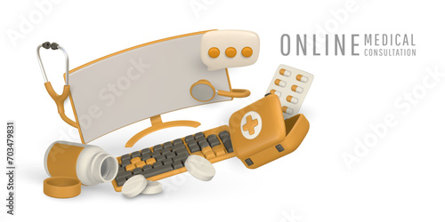 Online medical consultation banner in cartoon style. Online medicine and healthcare design concept. Modern accessories of doctor. Vector illustration