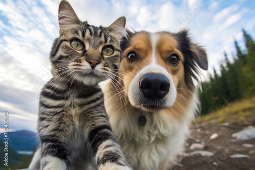 dog and cat photographed selfie on the phone