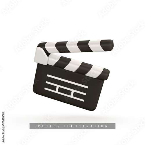 3d realistic Clapperboard. Movie clapper board in plastic cartoon style. Vector illustration