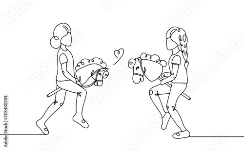 Girls. Hobby horsing. Stick horse. One line