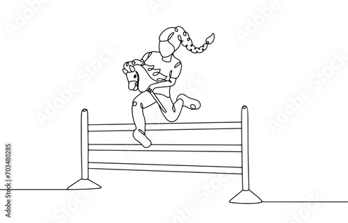 Hobby horsing. Girl. Bounce. Barrier. One line