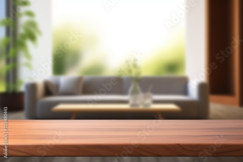 3d wooden table looking out defocussed modern lounge