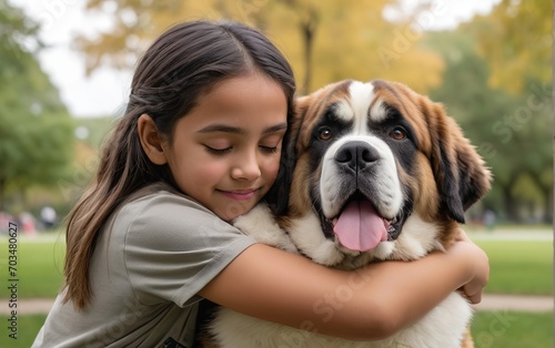Niña latina abrazando perro San Bernardo  photo