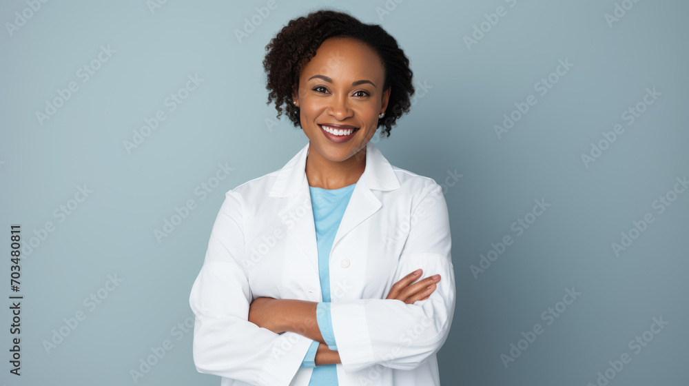 Professional woman with short hair wearing glasses and a white lab coat , smiling confidently with her arms crossed, against a colored background. Professional woman with short hair wearing glasses and a white lab coat , smiling confidently with her arms crossed, against a colored background.