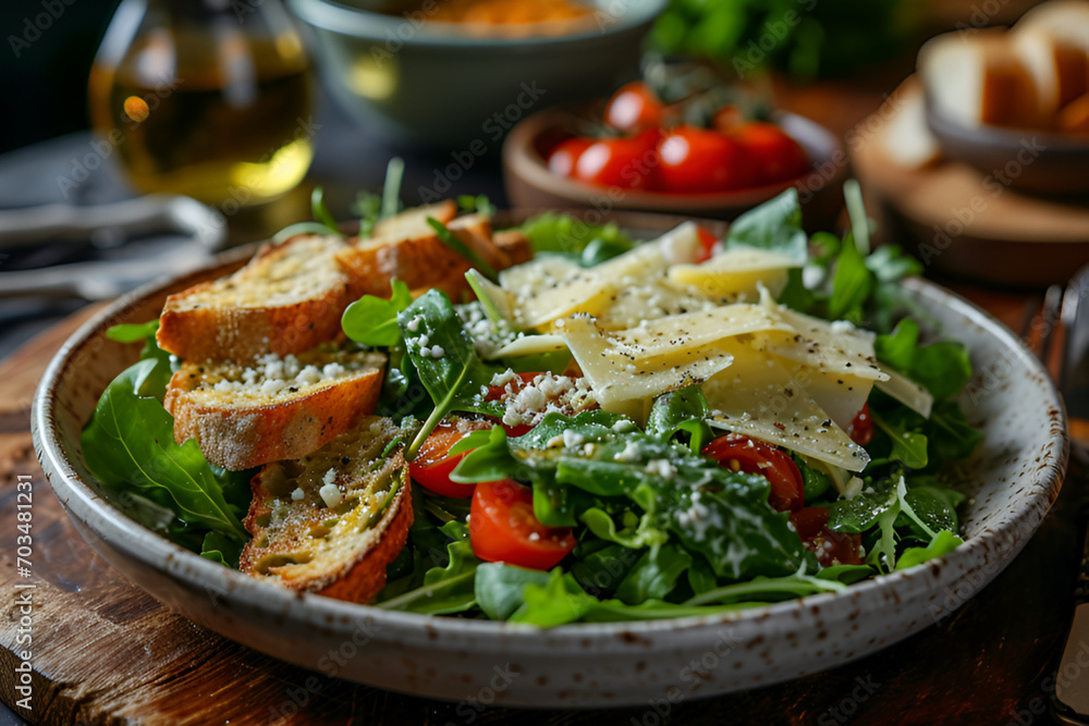 Caesar salad with chicken fillet, cherry tomatoes and croutons, traditional Italian food on wooden background Caesar salad with chicken fillet, cherry tomatoes and croutons, traditional Italian food on wooden background