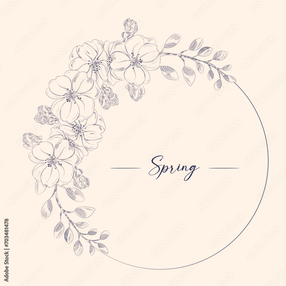 Wreath of apple blossom flowers, buds and branches, vector illustration. Frame with spring flowers of apple tree. Engraving style. Wreath of apple blossom flowers, buds and branches, vector illustration. Frame with spring flowers of apple tree. Engraving style.