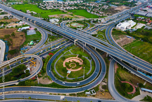 Aerial view of road intersection in Bangkok Suburb