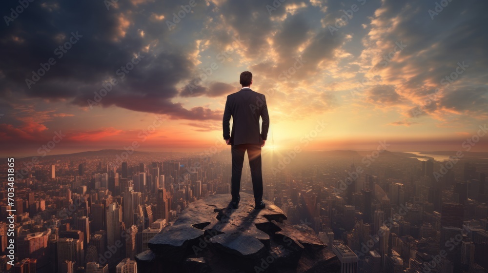 Fototapeta premium Businessman stands thoughtfully on a mountain overlooking a city with dramatic clouds in the sky