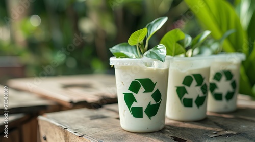 An eco-friendly food or drink packaging featuring a prominent recycling symbol, indicating the material is biodegradable and environmentally conscious. photo