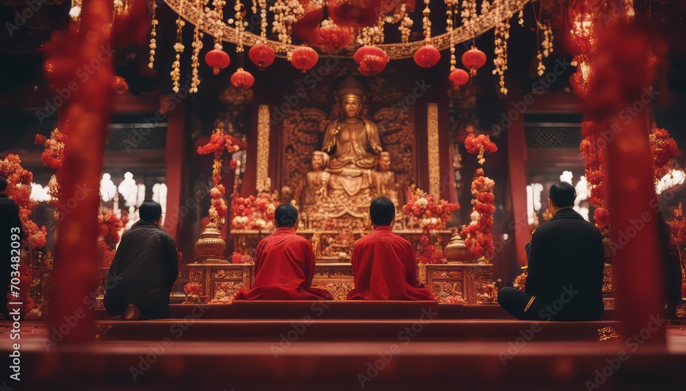 Chinese new year devotees praying at ornate temple altar, capturing spiritual essence. Chinese new year devotees praying at ornate temple altar, capturing spiritual essence.
